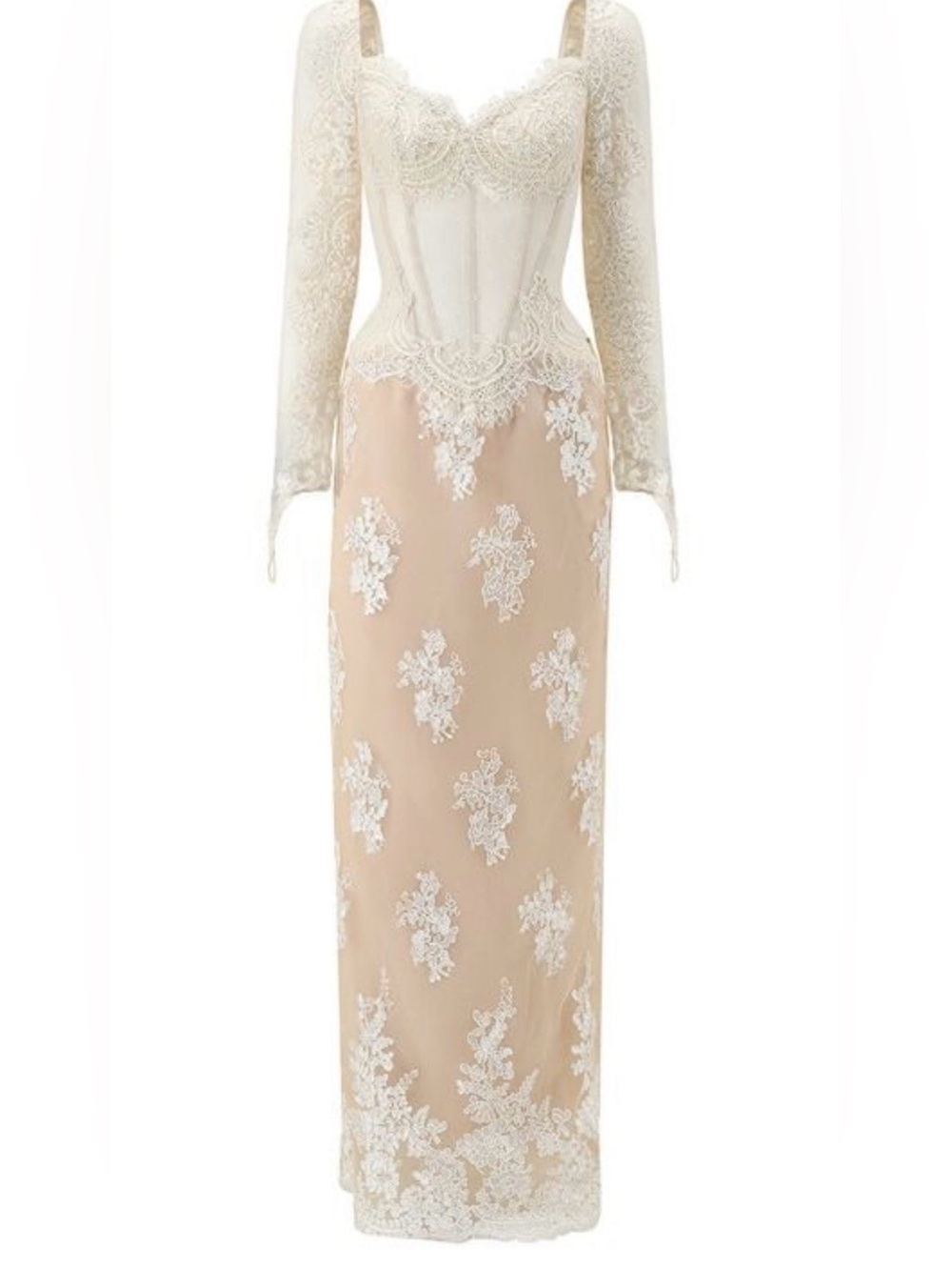 Elegant Lace Overlay Long-Sleeve Maxi Dress in Ivory and Nude